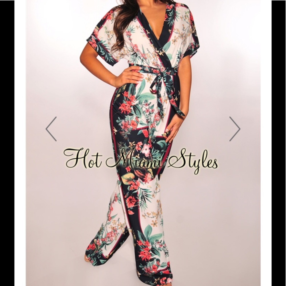 Hot Miami Styles Floral Wrap Jumpsuit - Black & Cream